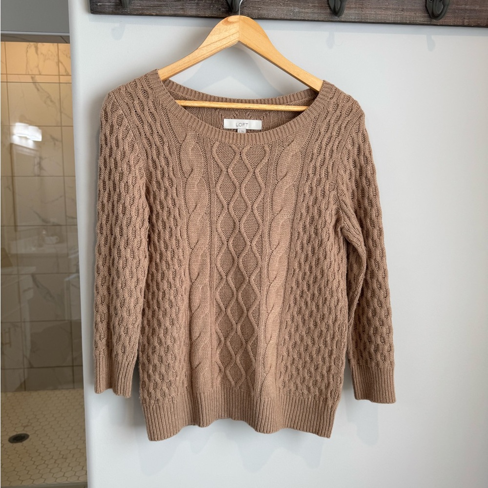 LOFT Tan Crew Neck Sweater with Textured Cable Knit